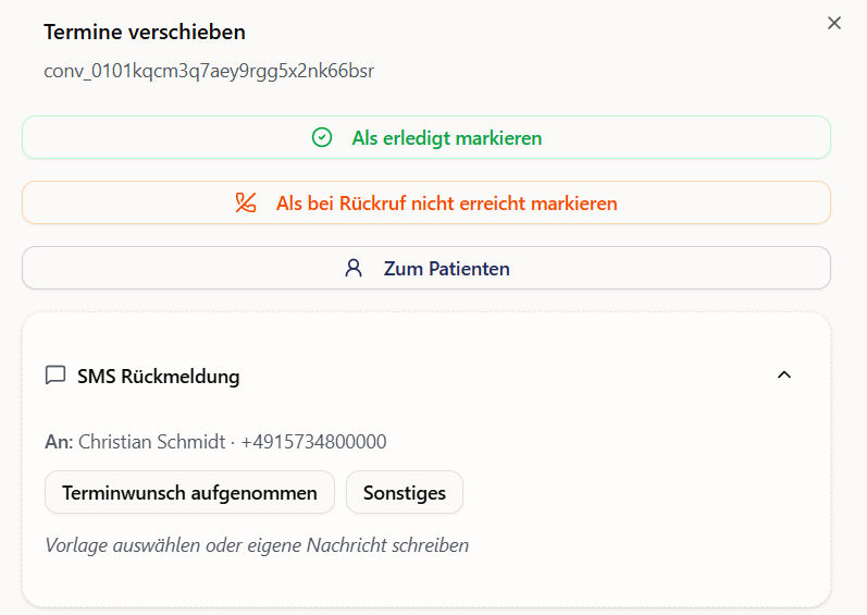 Inbound call drawer showing the SMS send dropdown with no template selected