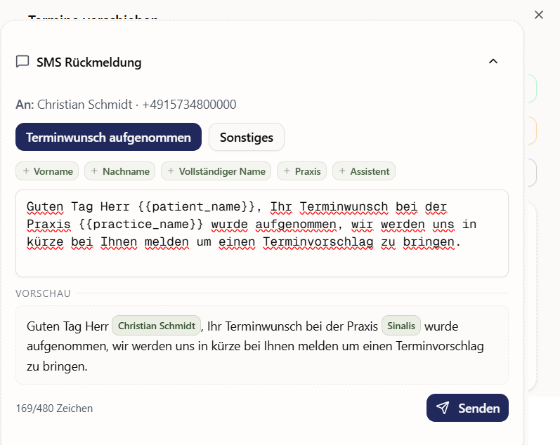 Opened dropdown with a pre-selected template, including a preview of the SMS with filled-in data