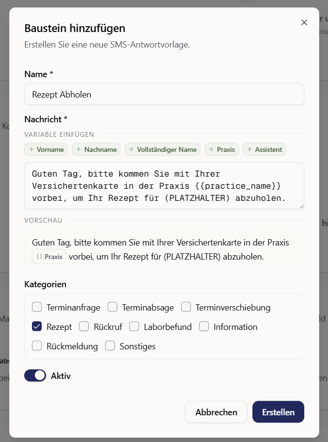 Pop-up for creating a new SMS template with fields for title, content, and categories